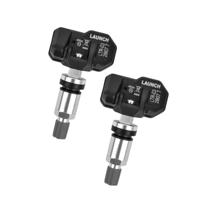 Kit com 2 Sensores TPMS LAUNCH LTR-03 RF – Compatível com 98% dos sensores OE, alta precisão e durabilidade de 5 a 8 anos. Solução completa e programável para centros automotivos.